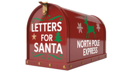 Vintage red north pole express mailbox for letters to santa claus with festive christmas decorations isolated on transparent background
