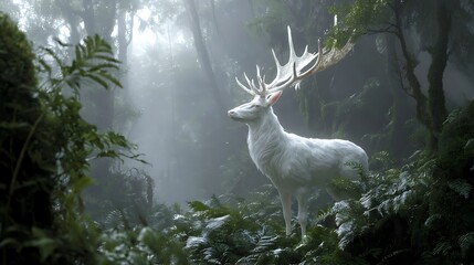 “A majestic white stag glowing with ethereal light, ancient forest filled with mist, divine atmosphere, cinematic lighting, ultra-realistic, hyper-detailed foliage, fantasy fine art, 32K resolution 