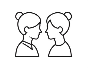 Line art illustration depicts two women facing each other, emphasizing profile views with their hair tied up in buns