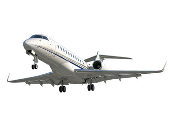 Isolated corporate jet airplane on white, luxurious aircraft with its landing gear extended