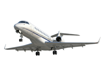 Isolated corporate jet airplane on white, luxurious aircraft with its landing gear extended