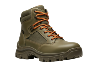 Isolated olive green hiking boot with orange laces, durable outdoor footwear for men