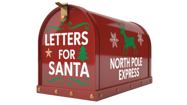 Vintage red north pole express mailbox for letters to santa claus with festive christmas decorations isolated on transparent background