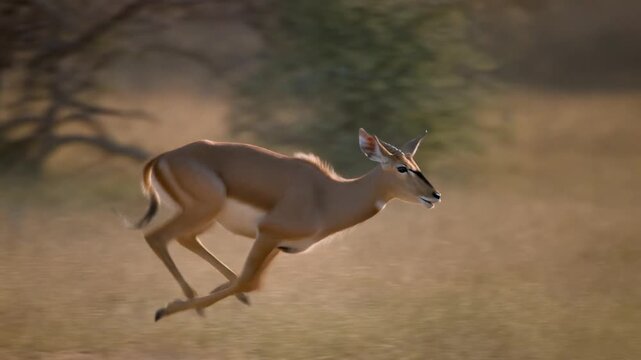 Graceful Springbok Antelope Leaping Across Arid African Savanna in Golden Sunlight.