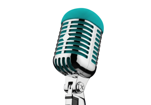 Isolated retro chrome microphone ready for recording and broadcasting entertainment media