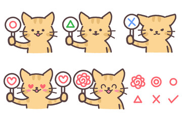 記号プレートを持つ猫のイラストセット(丸・三角・バツ・ハート・花丸)