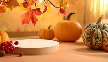 Autumn display Round stage, pumpkins, berries, & orange/red leaves against soft background light in a warm color scheme
