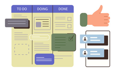 Task management board with to-do, doing, done columns, labeled tasks, chat interface, and thumbs-up icon. Ideal for productivity, planning, workflow collaboration organization progress tracking © robu_s