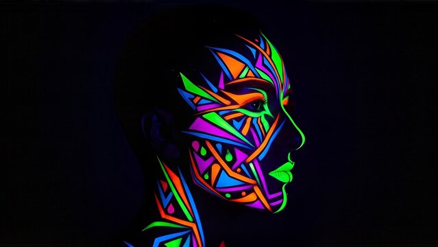 A striking neon portrait of a person's face, adorned with geometric patterns, glowing vibrantly.