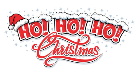 Laughing of Santa Claus "Ho Ho Ho!" Vector Christmas card template on transparent background.