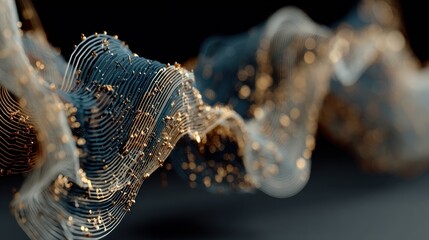 Abstract Digital Art of a Wavy Organic Structure with Golden Particles.