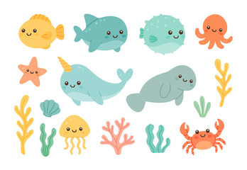 Cute marine animals. Underwater creatures and plants for ocean-themed creative projects © Lifeking
