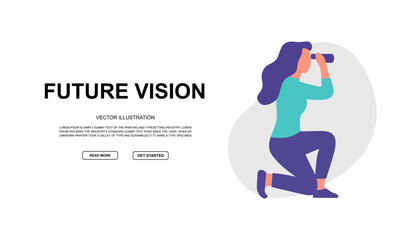 Kneeling woman with binoculars, looking forward. Colorful design for discovery, search, and observation themes