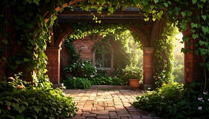Brick garden archway overgrown with vibrant green ivy, leading into a sunlit, verdant garden scene