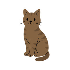Cute cartoon striped brown cat sitting upright. Flat vector illustration of adorable pet feline animal