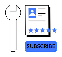 User profile setup with wrench symbolizing customization, document with star ratings, and subscribe button. Ideal for themes thumbs up user experience, account setup, website management, subscription