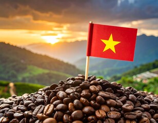 A Vietnamese flag sticks out of a pile of coffee beans against a mountainous, sunset landscape
