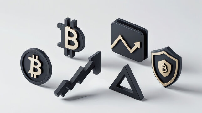 Dynamic 3D icons symbolizing digital currency investment, financial market trends, and secure economic growth, representing the future of modern finance