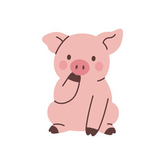 Pink piglet sitting with hand on mouth. Cute farm animal flat vector character illustration for children, nursery, and funny designs