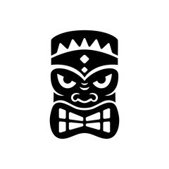 Tribal tiki mask with bowtie teeth and diamond crown. Polynesian style black vector illustration for tattoos, cultural posters and festival decorations