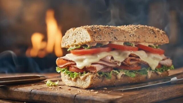 A delicious and steaming hot sub sandwich with ham, cheese, lettuce, and tomato on a sesame seed bun, presented on a wooden cutting board with smoke swirling around it