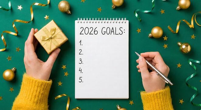 Setting new year goals for 2026 with festive decor