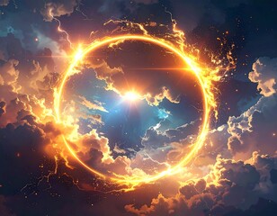 Celestial gateway amidst swirling clouds, radiating warm light and energy