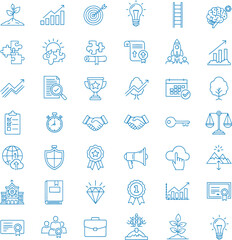 A grid of 36 minimalist blue and white line art icons representing various concepts like business technology nature and abstract ideas