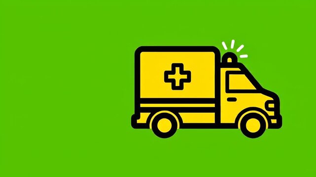 Yellow ambulance icon with a red cross symbol and flashing lights on a vibrant green background, representing emergency medical services
