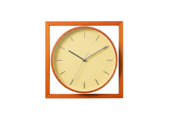 Isolated modern design wall clock showing 1019 on a light colored face in orange frame