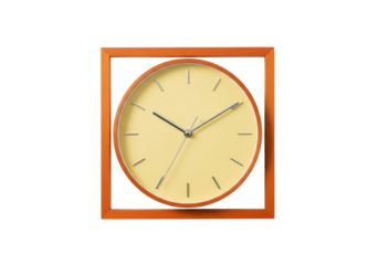 Isolated modern design wall clock showing 1019 on a light colored face in orange frame