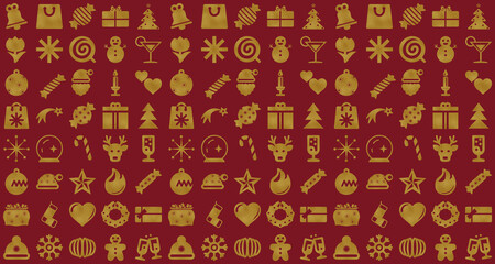 Classic New Year and Christmas seamless pattern with rich red and gold holiday icons for traditional packaging, party invitations and bold festive campaigns
