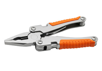 Isolated tool featuring pliers in shiny silver with orange handles on a neutral backdrop