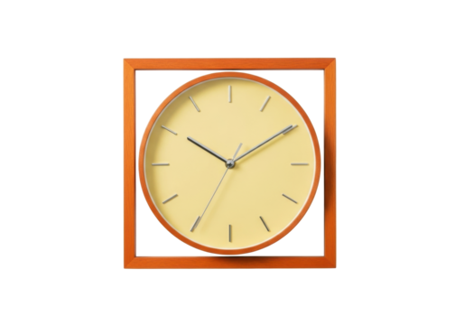 Isolated modern design wall clock showing 1019 on a light colored face in orange frame