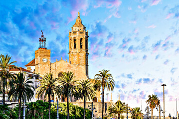 Views of the famous Church of San Bartolome and Santa Tecla in Sitges, Barcelona, ​​Spain	