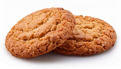 Pair of crisp oatmeal cookies with rich texture isolated on white with clipping path, perfect for packaging and food ads