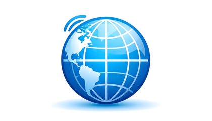 Blue earth globe with a grid, signals emitting from North America, casts shadow on a white background