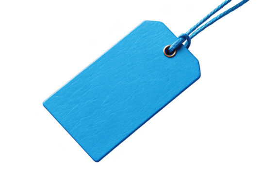 Blank blue rectangular tag with string isolated on transparent background