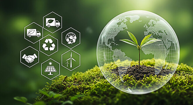 Environmental sustainability concept with green energy and eco friendly business practices shown