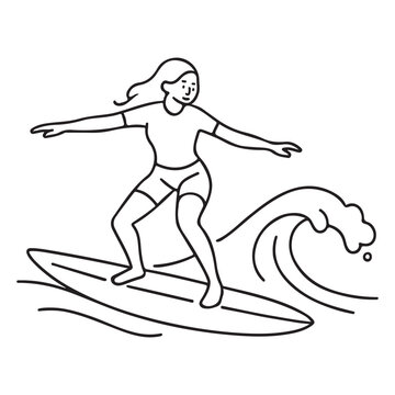 Catch the wave with this inspiring surfer girl line art, perfect for active lifestyle brands and summer vibes, a modern twist on classic beach fun