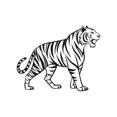 Tiger Vector Illustration – Walking Tiger Mascot in Black and White Line Art