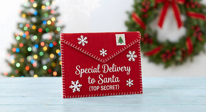 Red felt envelope for santa with christmas decorations - Powered by Adobe