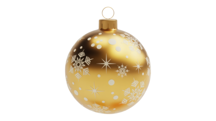 Elegant golden oval shaped christmas ornament with snowflake and star patterns isolated on transparent background