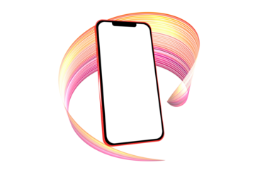 Modern smartphone with a vibrant, flowing colorful ribbon representing dynamic digital communication and seamless data exchange on a blank screen, perfect for showcasing content