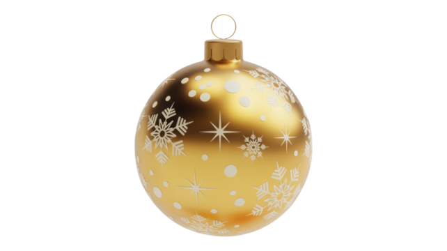 Elegant golden oval shaped christmas ornament with snowflake and star patterns isolated on transparent background