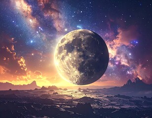 Celestial orb dominates a surreal, starlit landscape, blending earthy textures with ethereal cosmic light