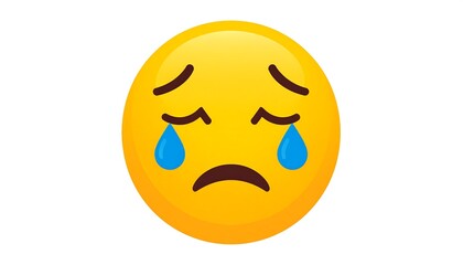 Fototapeta premium Bright yellow sad emoji face with drooping eyes and eyebrows. Two blue tears are streaming