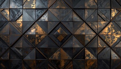 Metallic, geometric wall texture composed of triangular and square tiles, showcasing a gradient of dark greys and golds
