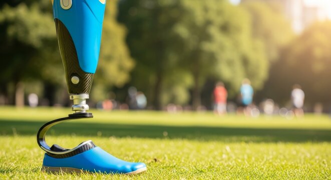 A close-up shot of a prosthetic leg standing on green grass in a sunny park setting.