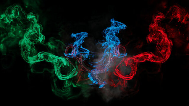 Vibrant abstract smoke patterns clashing on a dark backdrop